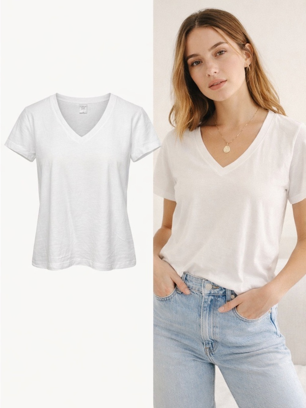 Cotton Lani | White V-Neck Tee | Minimalist Basic | 100% Cotton | Size XS